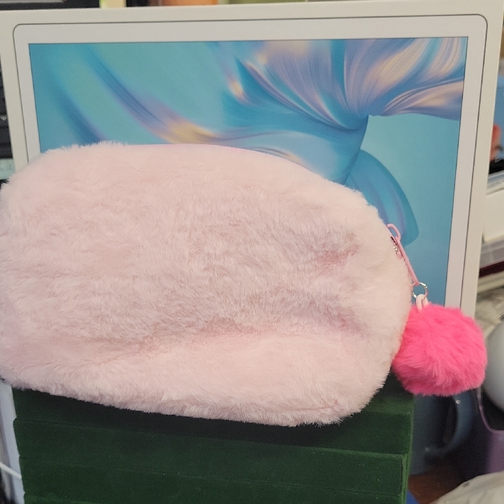 Fluffy Pink Pouch with Pom Pom 7x3x4 New